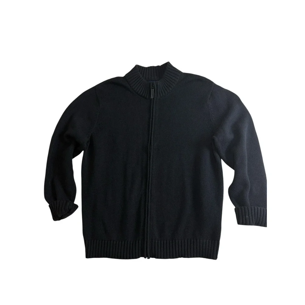 Lands End Cardigan Mens Size Large Navy Full Zip 100% Wool‎ Minimalist Classic